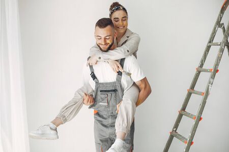 The young and cute family repairs the roomの写真素材