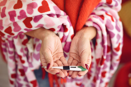 Woman sitting at home with a cold and measures the temperatureの写真素材