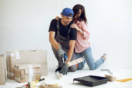 The young and cute family repairs the roomの写真素材