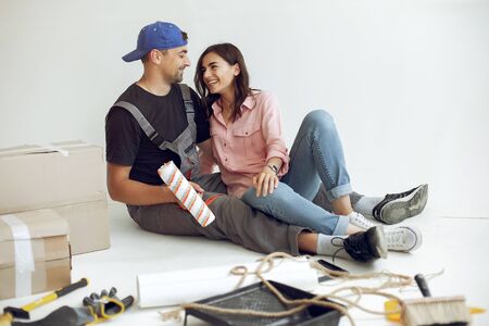 The young and cute family repairs the roomの写真素材