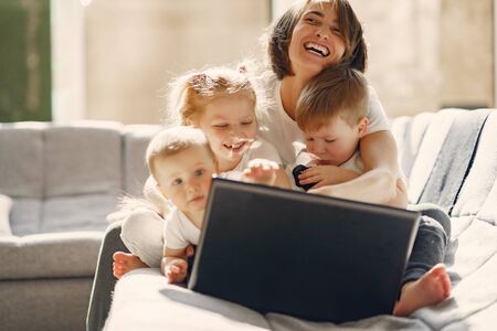 Mother with children stay at home on quarantineの写真素材