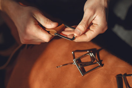 Man in a studio creates leather ware