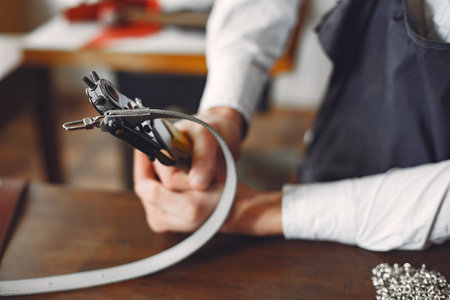 Man in a studio creates leather ware