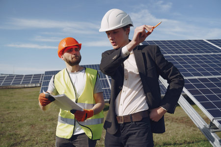 Foreman and businessman at solar energy station.