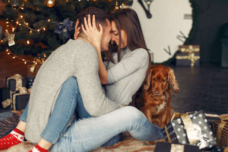 Elegant couple at home near christmas treeの写真素材