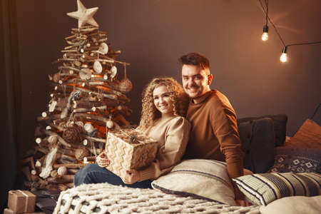 Elegant couple sitting at home near christmas treeの写真素材