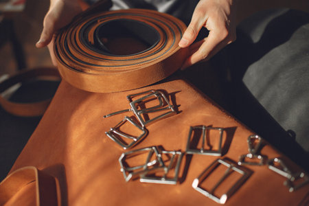 Man in a studio creates leather ware