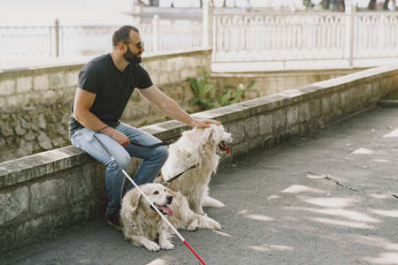 Blind man with guide dog in a summer cityの写真素材