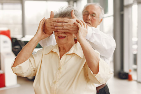 Elegant old couple in a car salonの写真素材