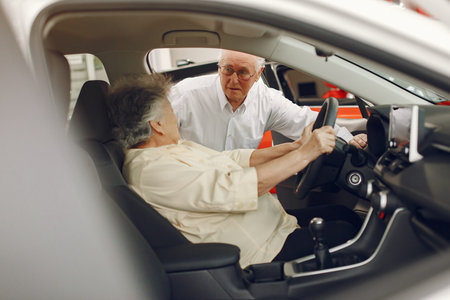 Elegant old couple in a car salon