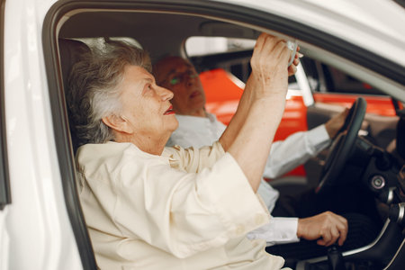 Elegant old couple in a car salon