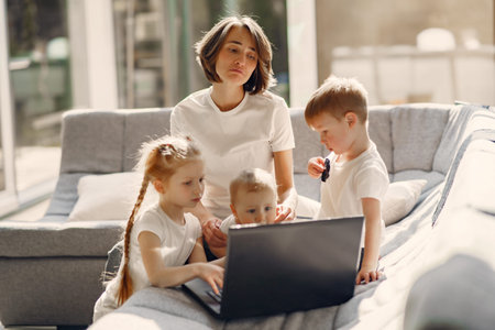 Mother with children stay at home on quarantineの写真素材