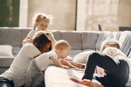 Mother with children stay at home on quarantineの写真素材