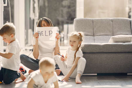 Mother with children stay at home on quarantineの写真素材