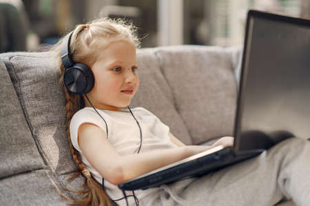 Little girl stay at home on quarantineの写真素材