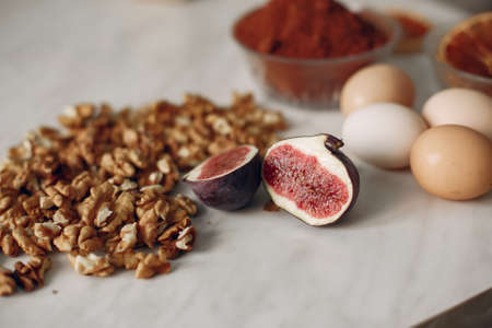 Iingredients for the cake lie on the table.の写真素材