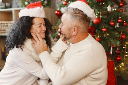 Senior couple with gifts near the Christmas treeの写真素材