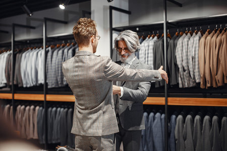 Senior man choosing a new suit in a storeの写真素材