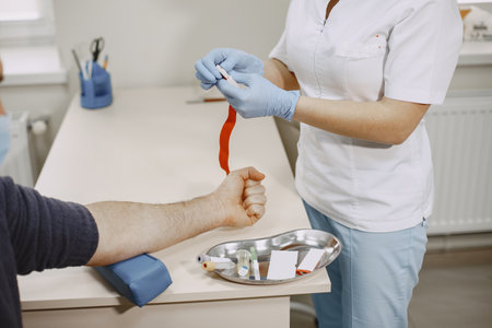Nurse taking blood sample from patient at the doctors officeの写真素材