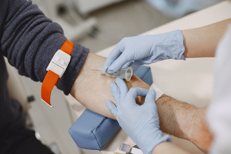 Nurse taking blood sample from patient at the doctors officeの写真素材