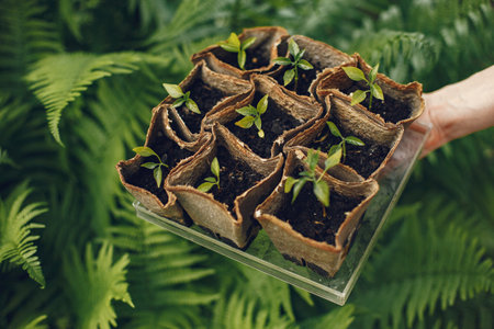 Womans hands in gloves planting young plantの写真素材