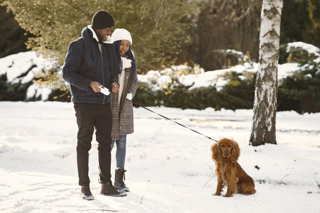 African american couple in a winter forestの写真素材