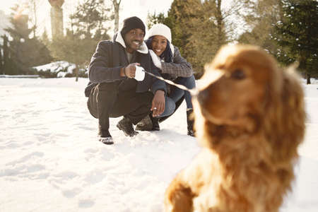African american couple in a winter forestの写真素材