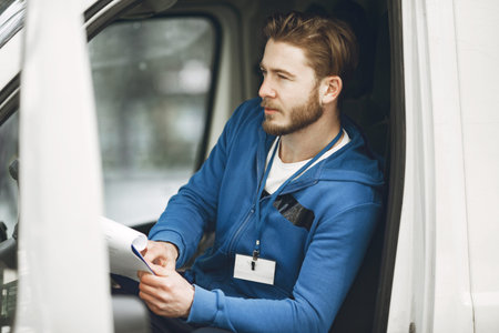 Delivery man with package outdoorsの写真素材