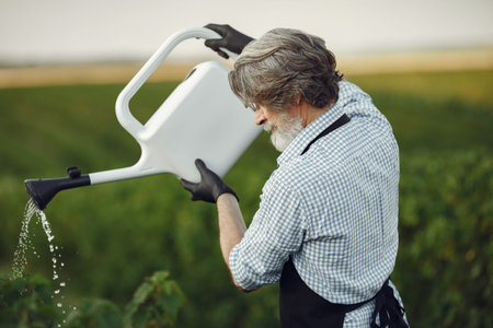 Senior man watering brush in the gardenの写真素材