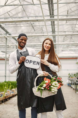 Flower sellers with a sign open and with tulipsの写真素材
