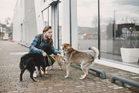 Man with a dogs in a cityの写真素材