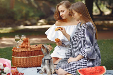 Two cute girls in a park playing with little dogの写真素材