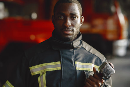 Portrait of a firefighter standing in front of a fire engineの写真素材