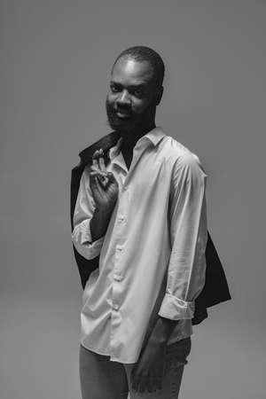 Close up portrait of a handsome young black manの写真素材