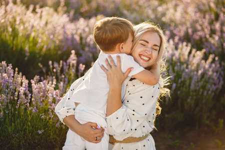 Little boy with her mother in a lavender fieldの写真素材