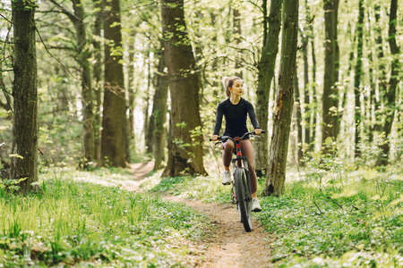 Woman riding a mountain bike in the forestの写真素材