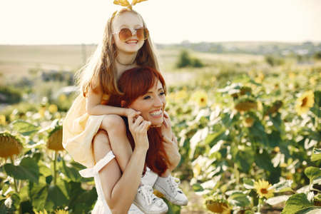 Beautiful and cute family in a field wirh sunflowersの写真素材