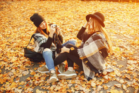 two young girls walk around the city in the autumn city and parkの写真素材