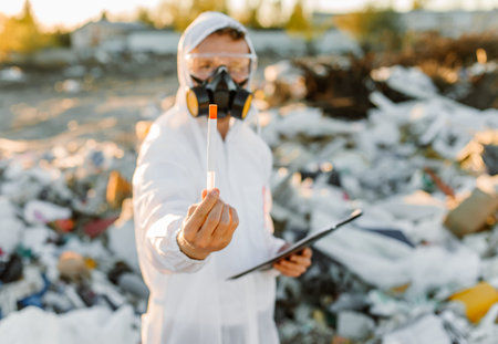 Researcher looking at plastic landfill analyzing environmental pollution level