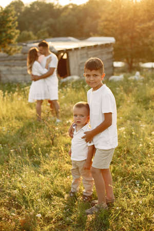 Cute family playing in a summer fieldの写真素材
