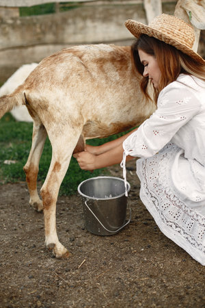 Putdoor portrait of young happy woman with goatの写真素材