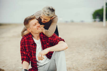 happy couple on a beachの写真素材