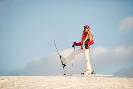 Skier on a mountain slope posing against a background of snow-capped mountainsの写真素材