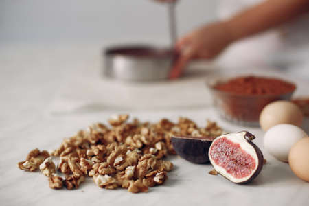 Iingredients for the cake lie on the table.の写真素材