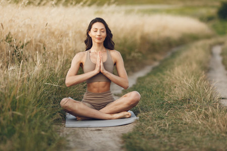 Woman practicing advanced yoga in a fieldの写真素材