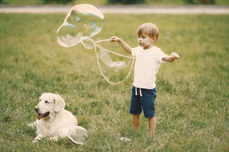 Little boy making a giant soap bubbles while playing with his dog on a grassの写真素材