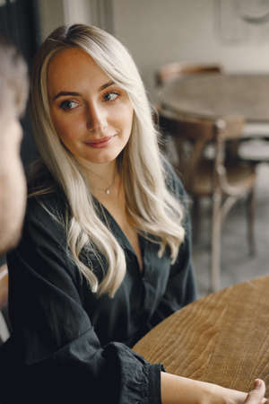 Close-up portrait of young couple in love embracingの写真素材