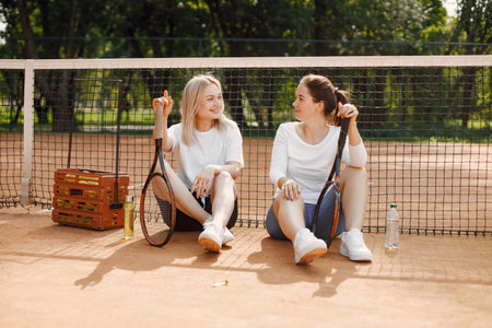 Female friends having a rest after tennis gameの写真素材