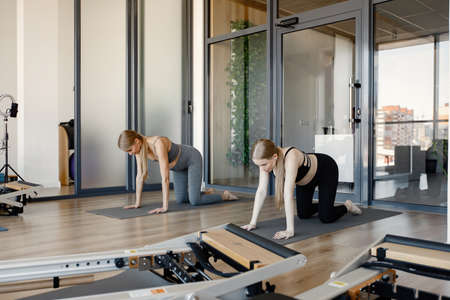 Two pregnant sporty women practice yoga in light gymの写真素材