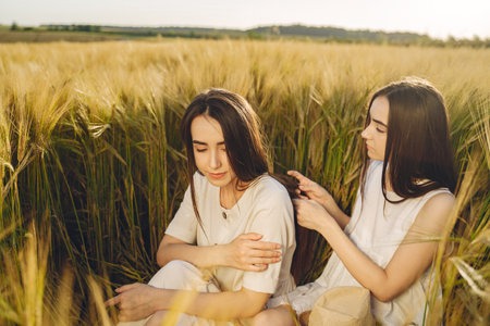 Portrait of two sisters in white dresses with long hair in a fieldの写真素材
